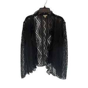 J Jill Black Crochet Lace Cardigan Large Open Front Long Sleeve Sheer Whimsygoth